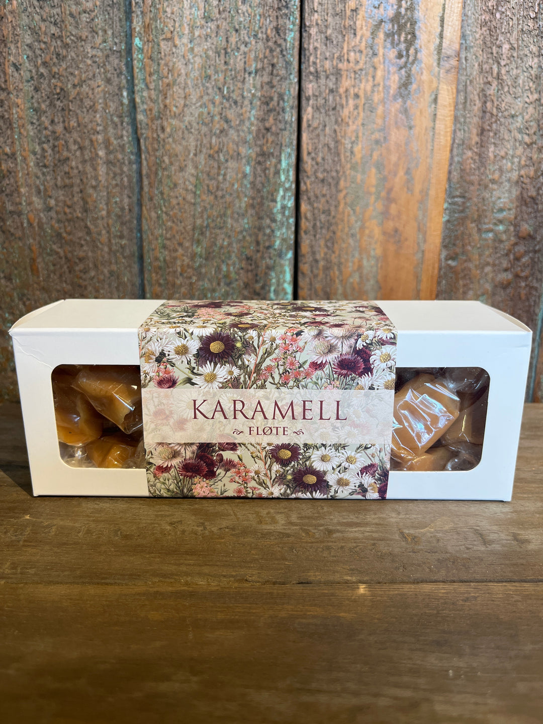 Karamell  i pappeske - karamell/ lilla blomster