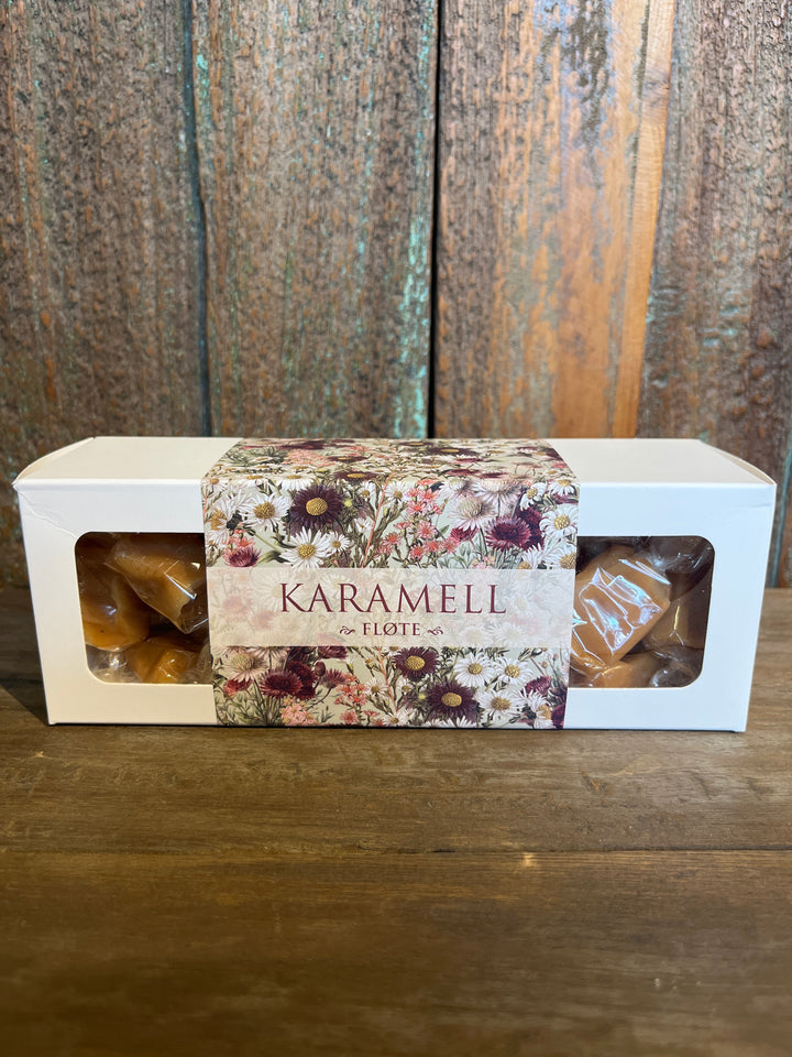 Karamell  i pappeske - karamell/ lilla blomster