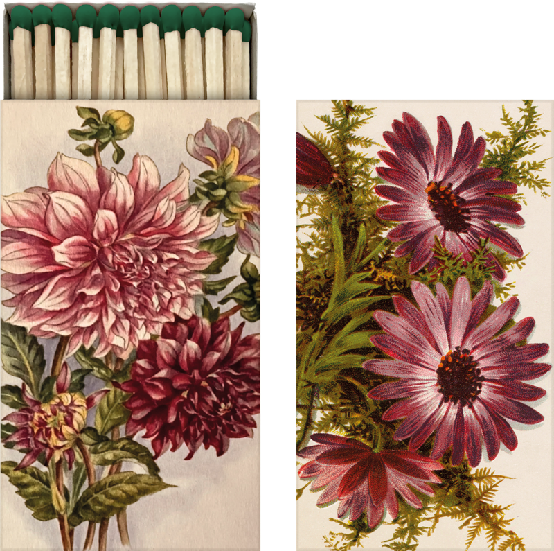 Fyrstikkeske - 6x11 cm / lilla blomster - dahlia