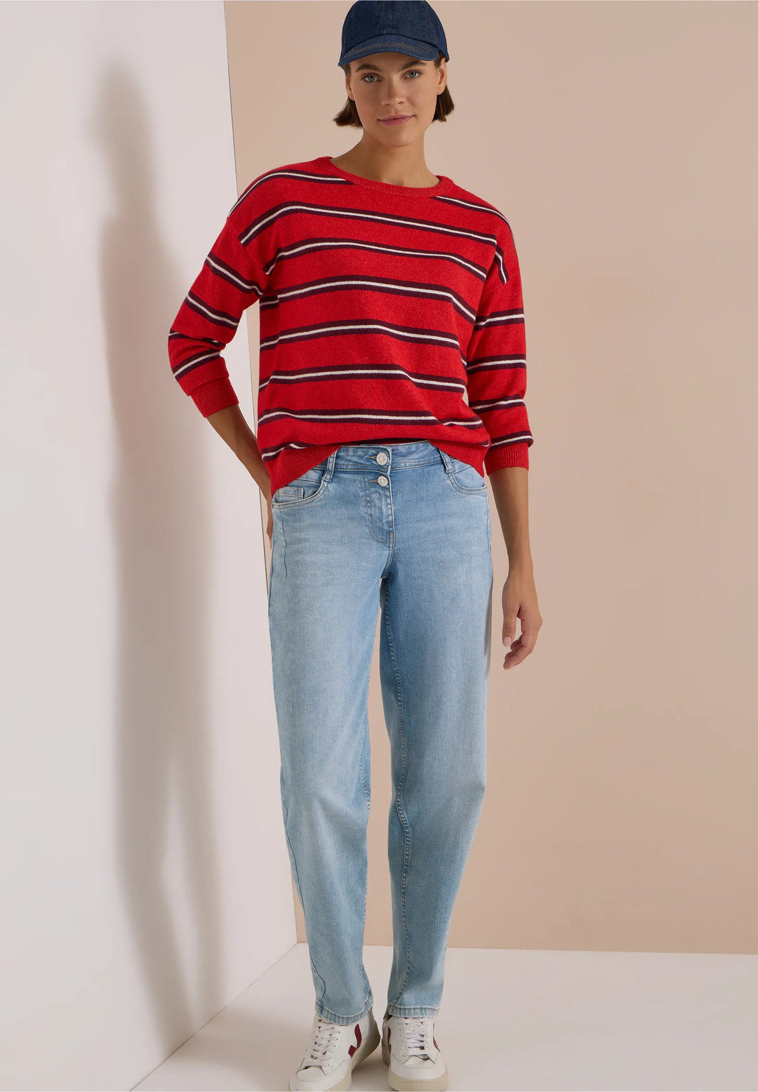 Cosy stripet boatneck - flame red