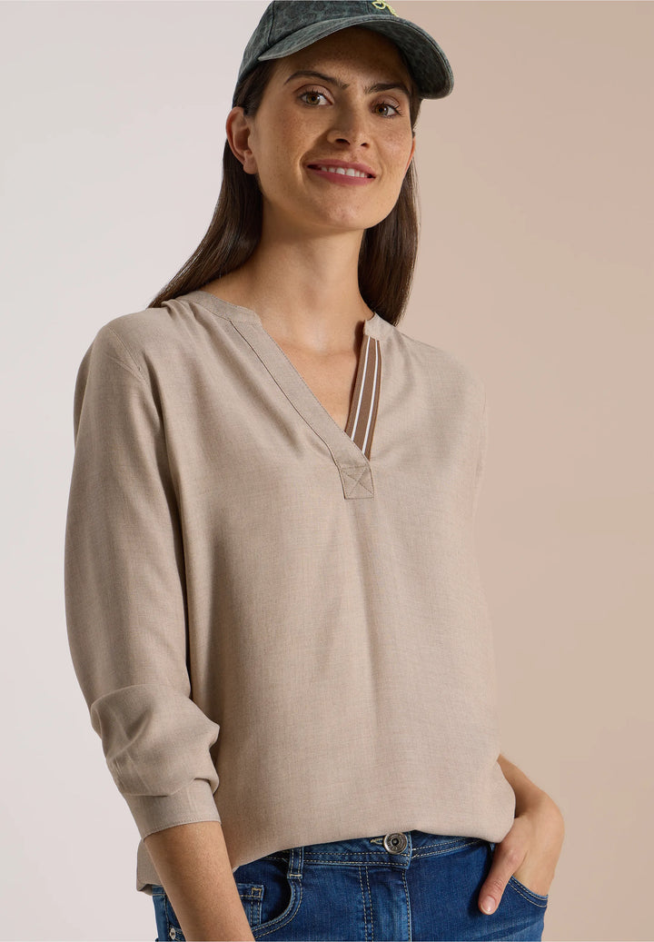 Melange v hals bluse - beige