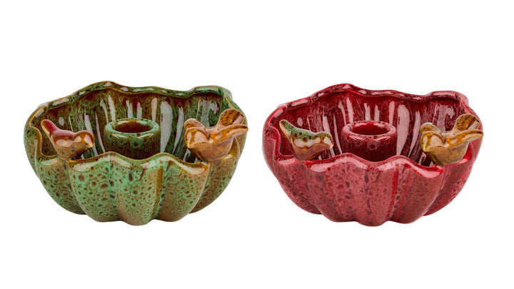 Lysestake/Fugl 7x13 cm Rød/Grønn Keramik