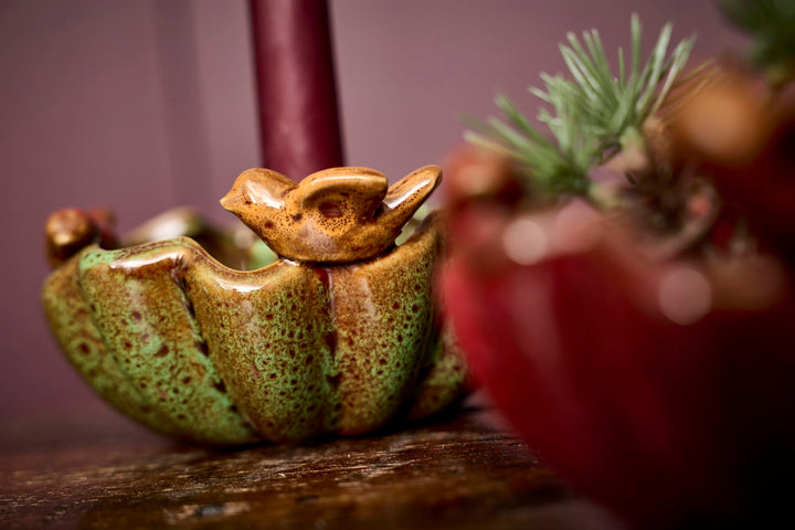 Lysestake/Fugl 7x13 cm Rød/Grønn Keramik