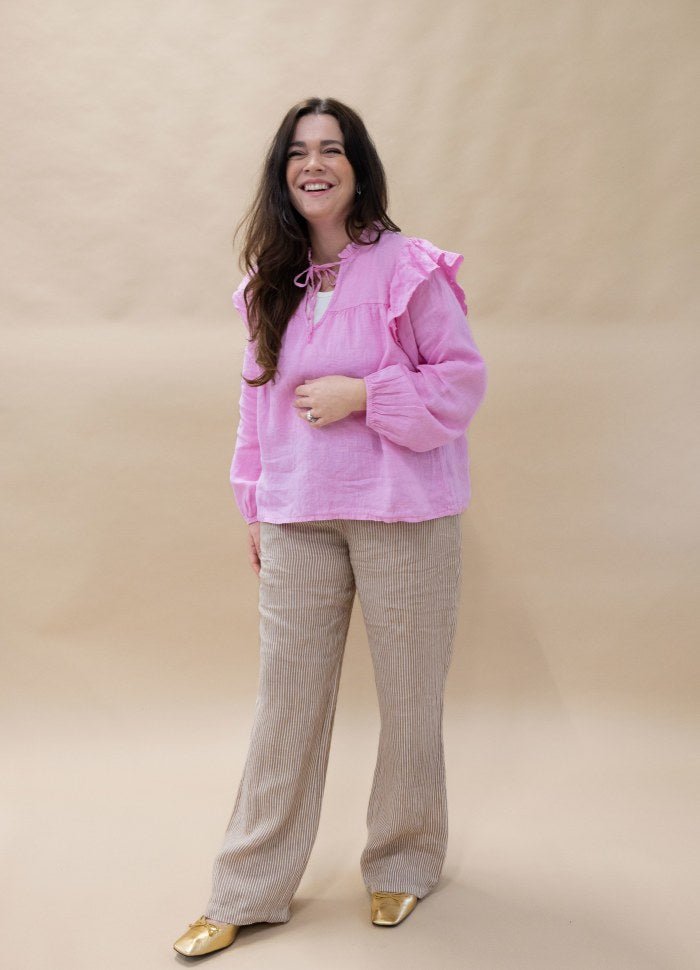 Bluse med rysjer - 100% lin - rosa - Many Colors