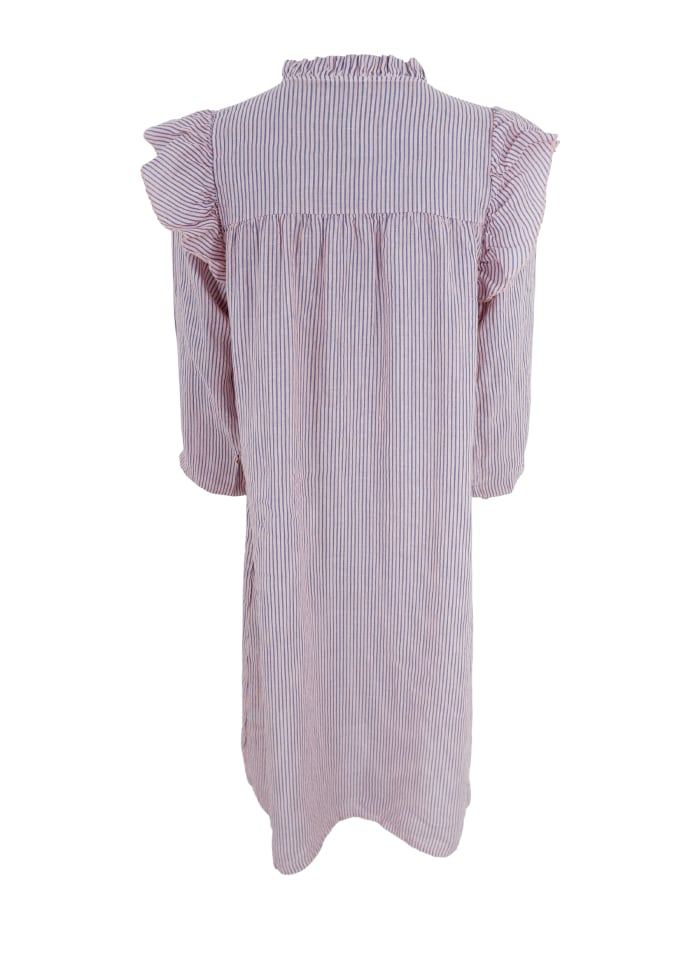 Kjole med rysjer - 100% lin - rosa/blå striper - Many Colors
