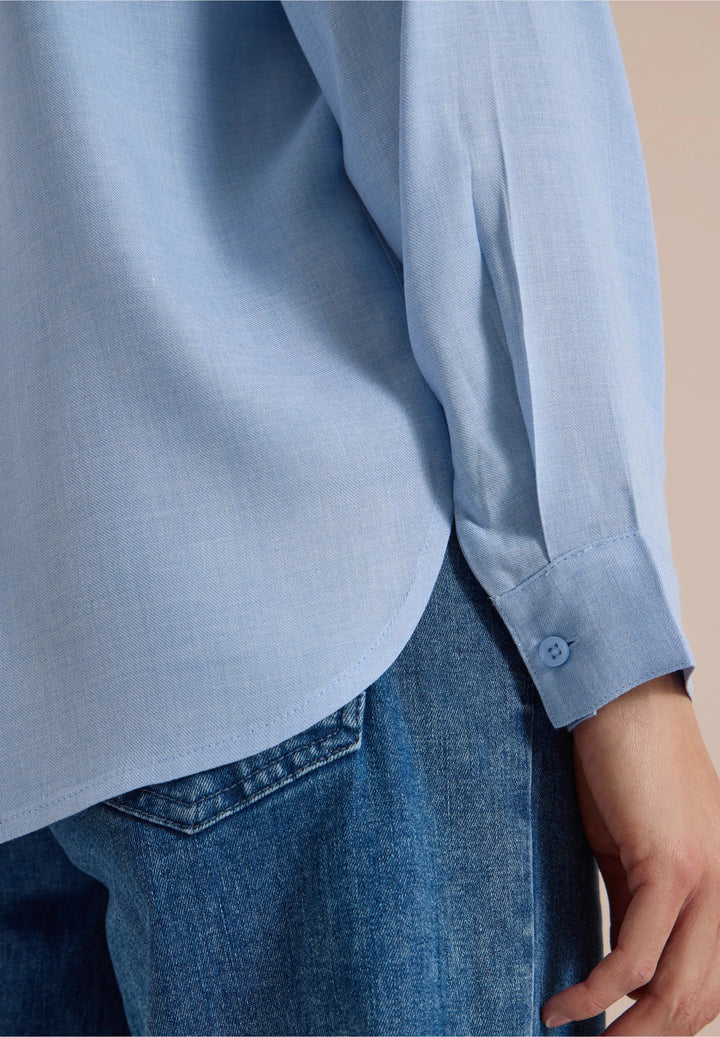 Melange v hals bluse - blå - Many Colors
