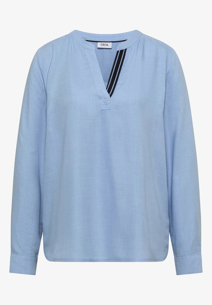 Melange v hals bluse - blå - Many Colors