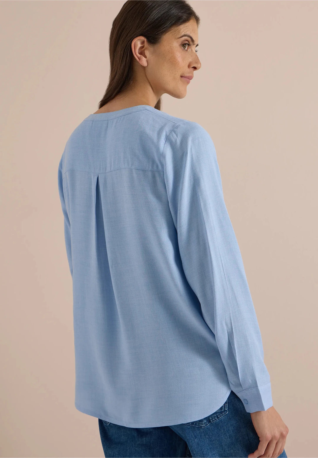 Melange v hals bluse - blå - Many Colors