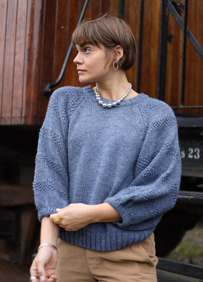 Strikketopp med 3/4 arm - denim