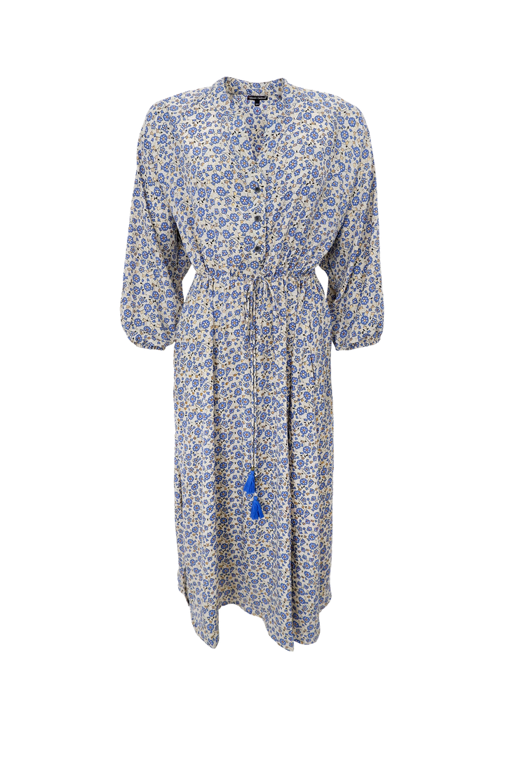 Kjole med knytting - lang - blomsterprint - blå
