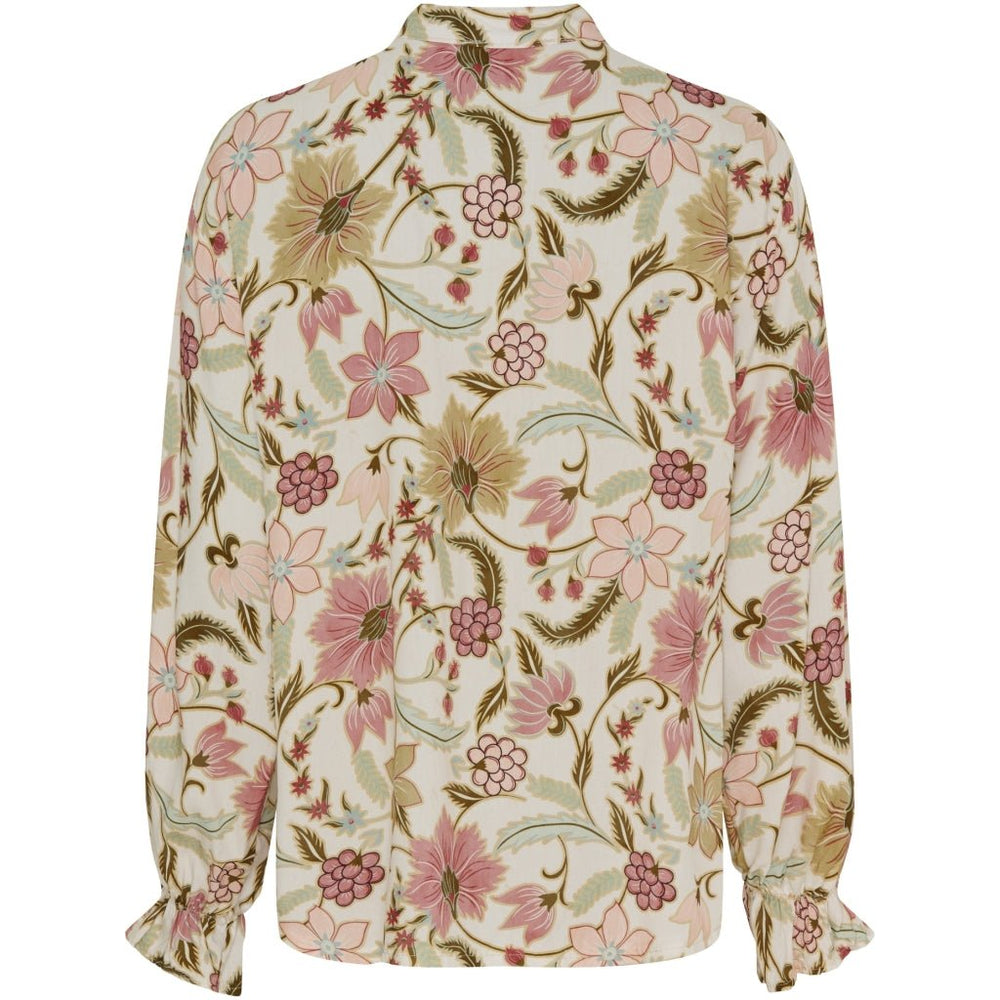 Skjorte med blomstertrykk og rysjer - beige/rosa - Many Colors