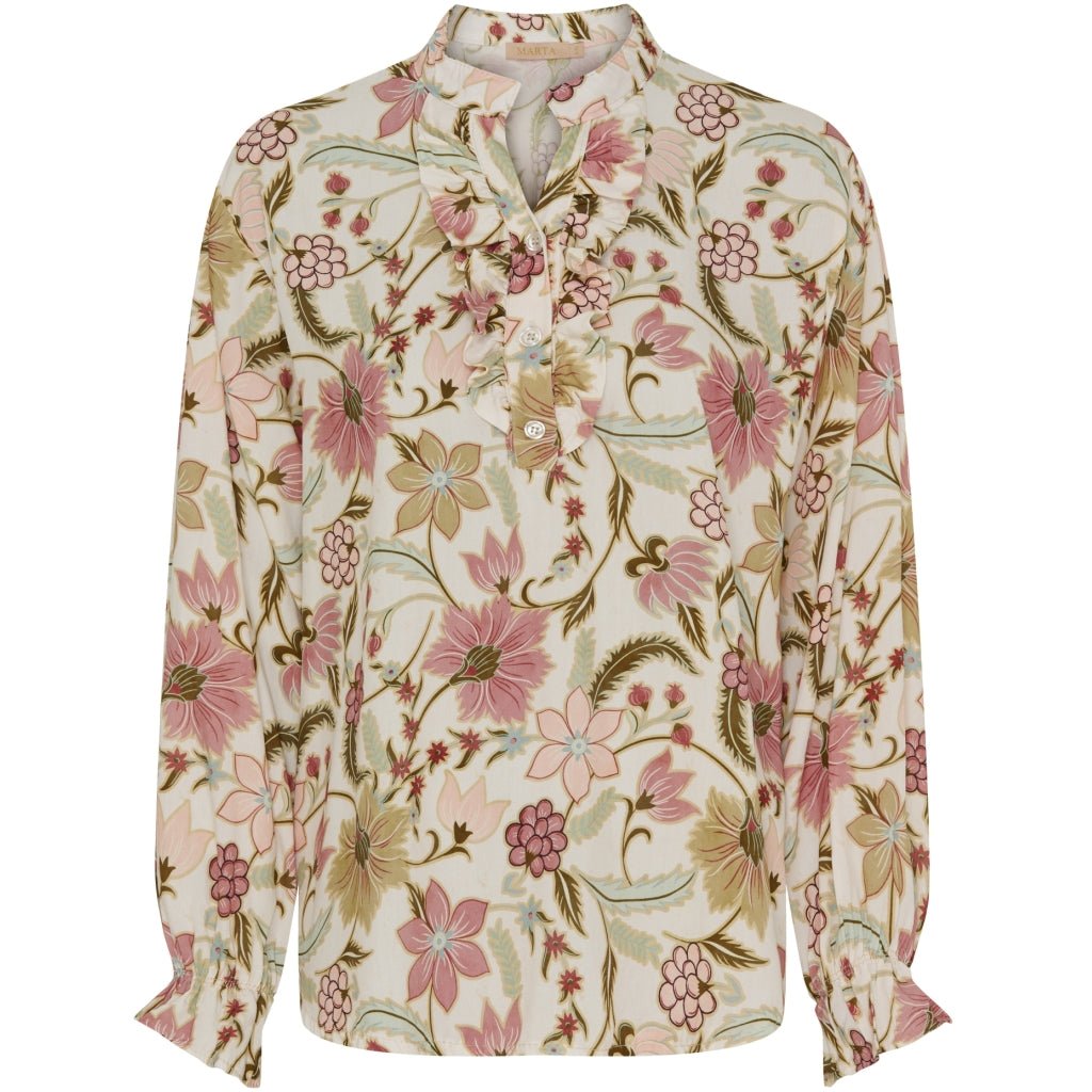Skjorte med blomstertrykk og rysjer - beige/rosa - Many Colors